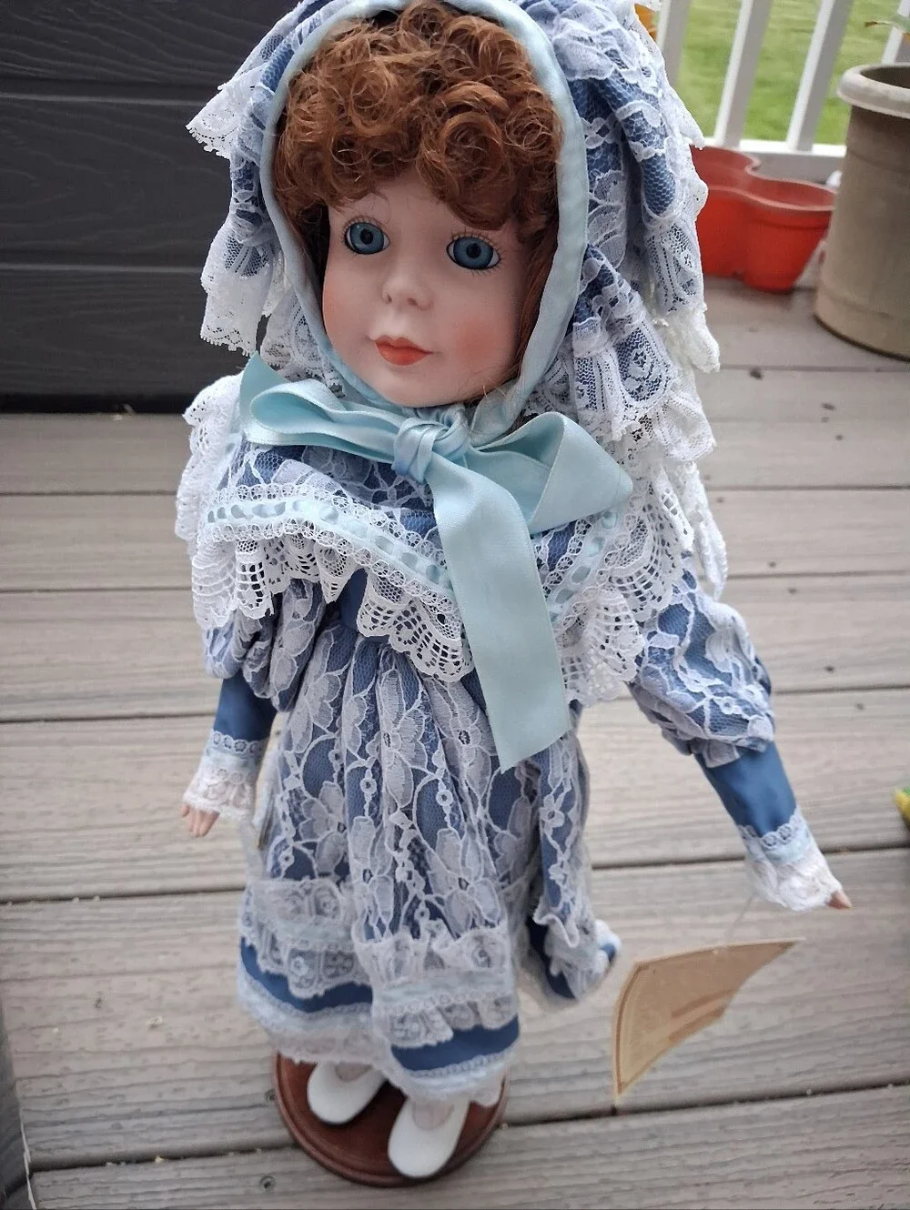 Blue Lace Porcelain Doll with Bonnet - Classic Kids Toy